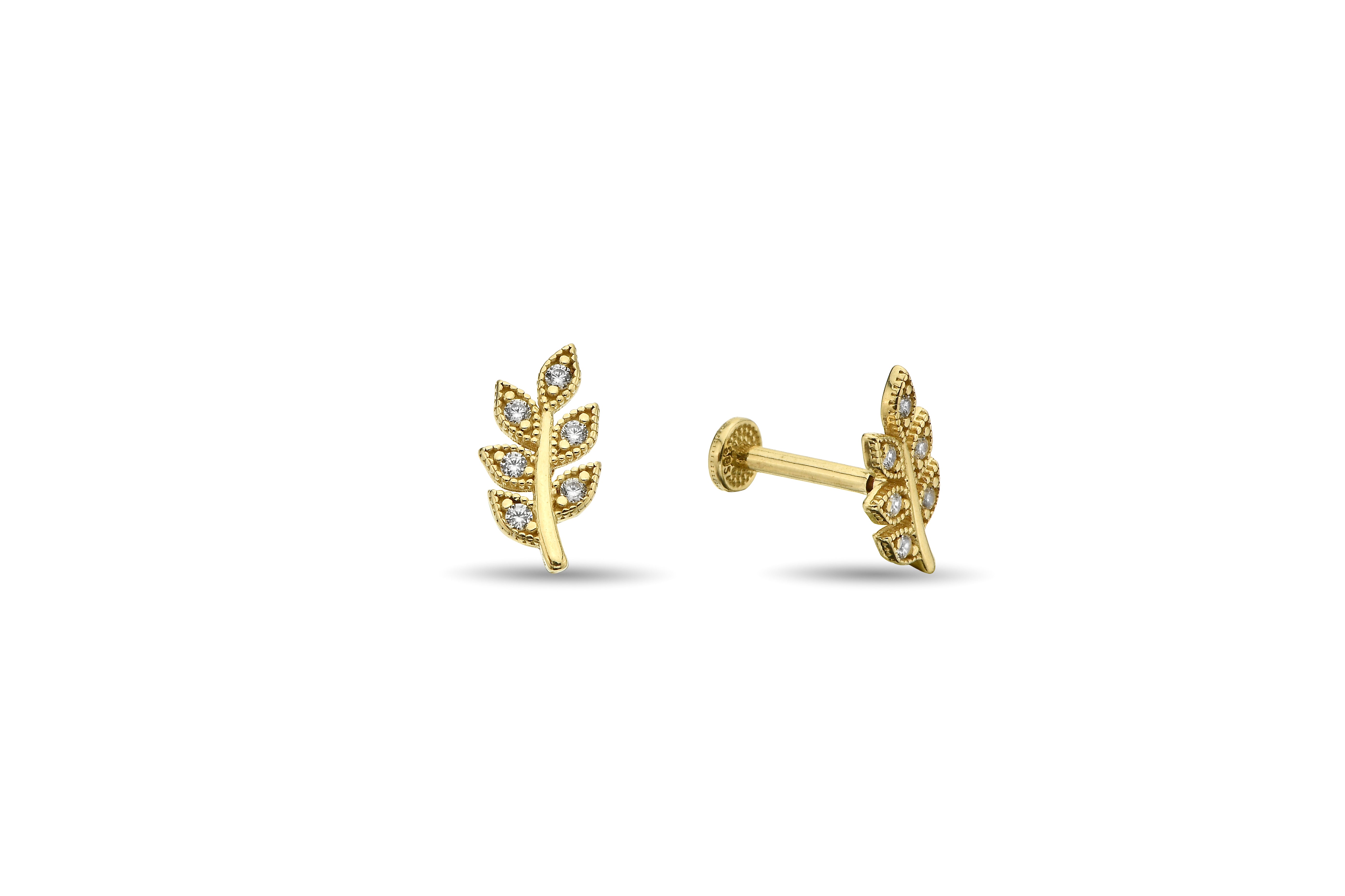 Taşlı Yaprak Dalı Altın Tragus Piercing