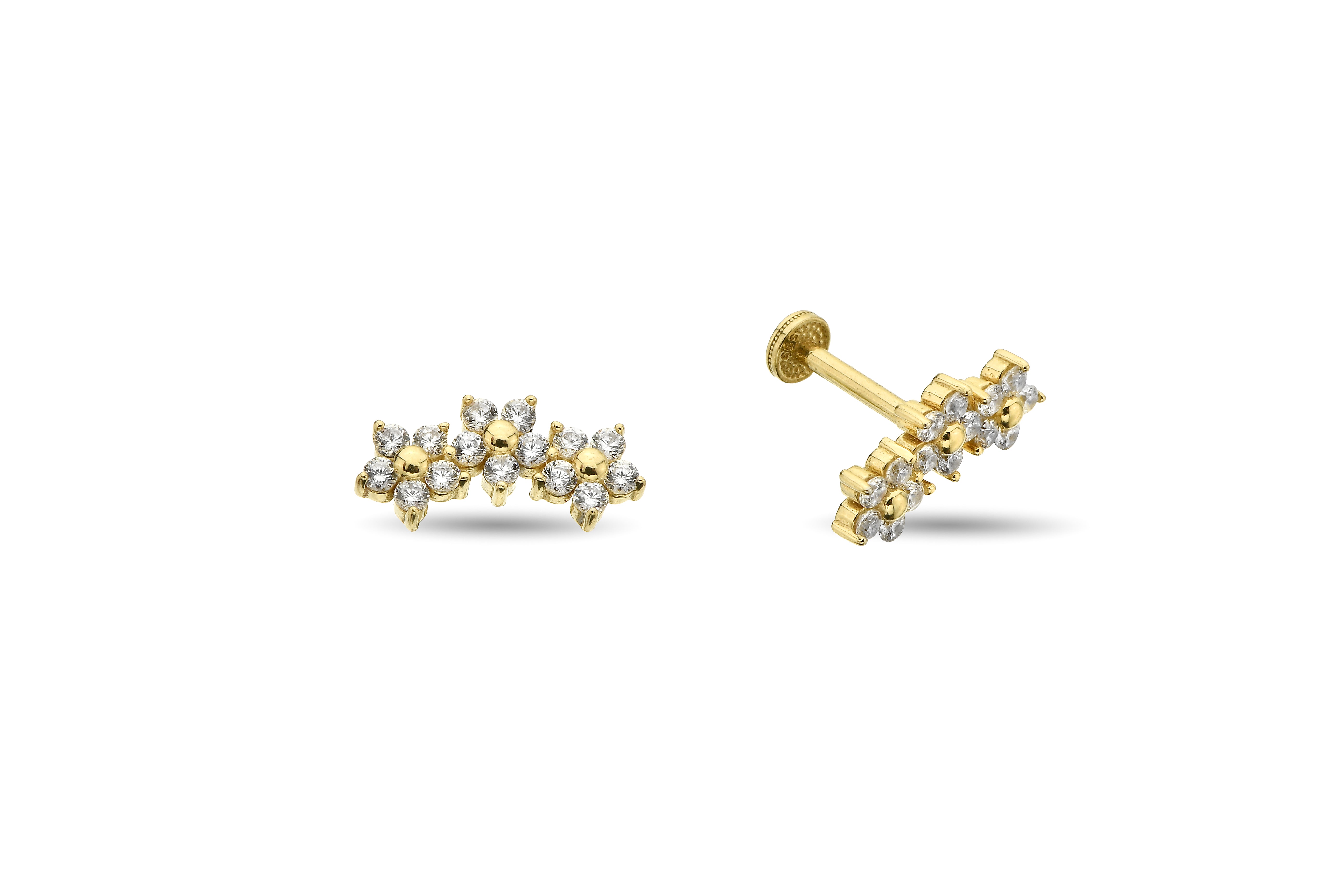 Taşlı Üç Çiçekli Altın Tragus Piercing