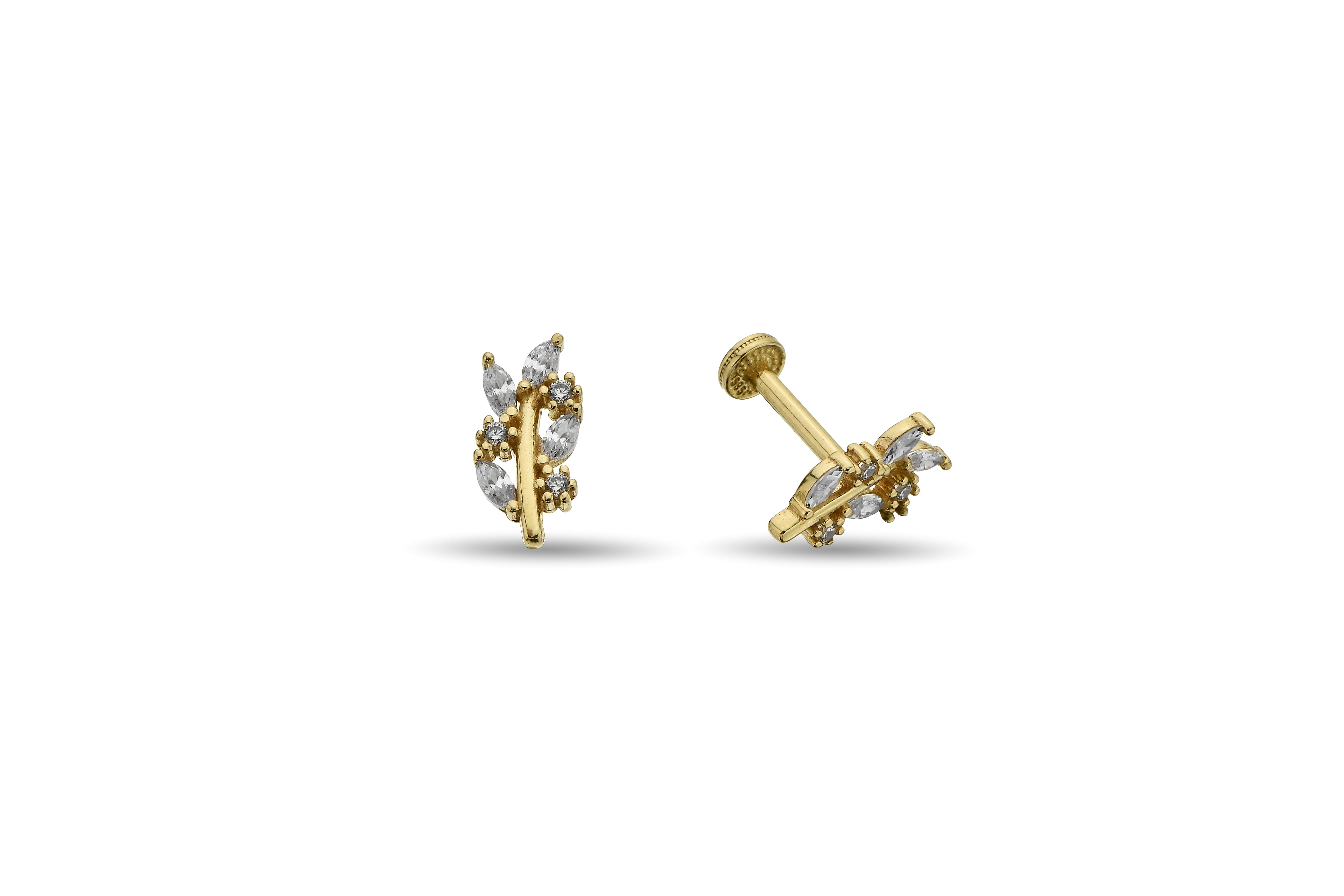 Markiz Taşlı Yaprak Dalı Altın Tragus Piercing