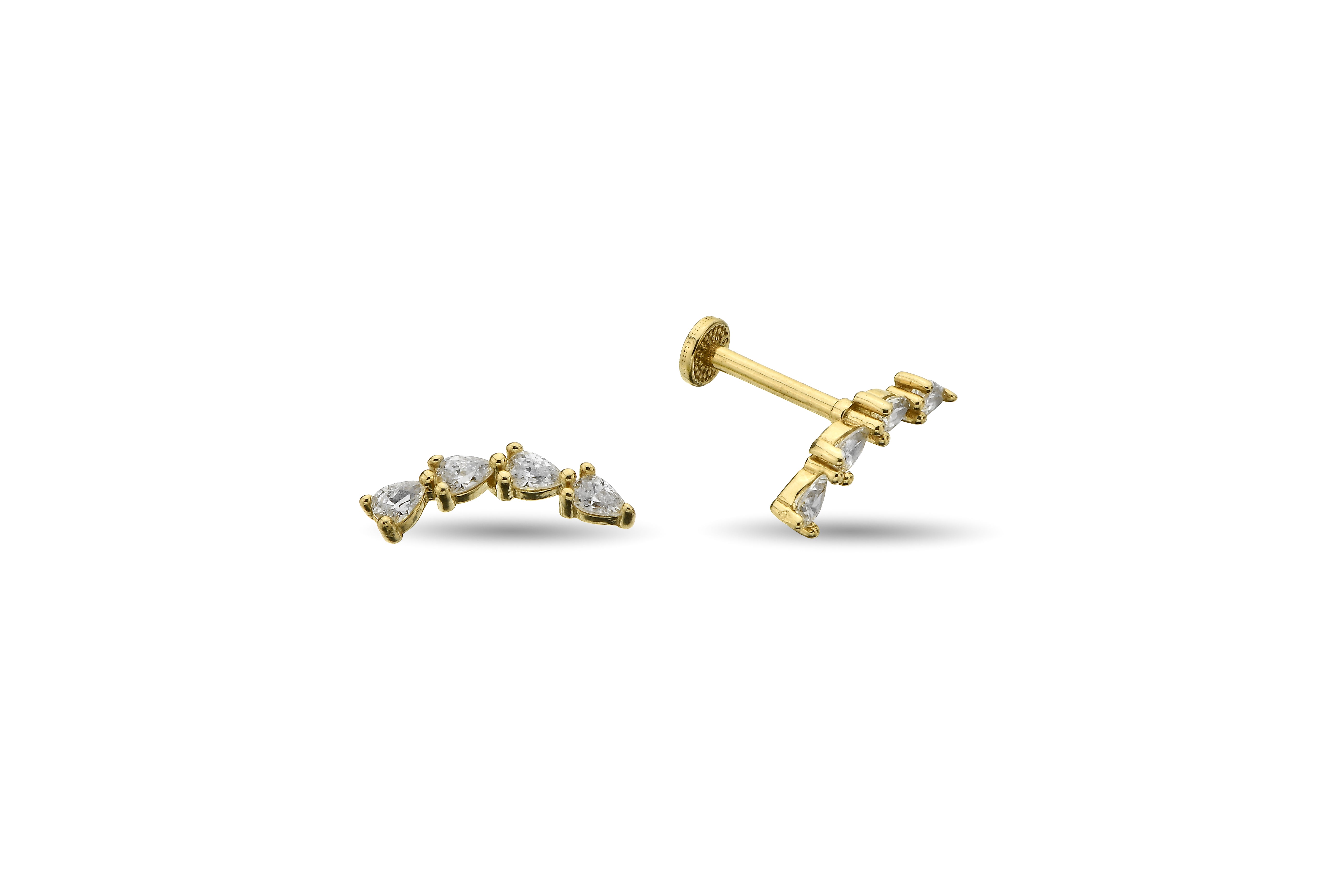 Damla Pear Dört Taşlı Altın Tragus Piercing
