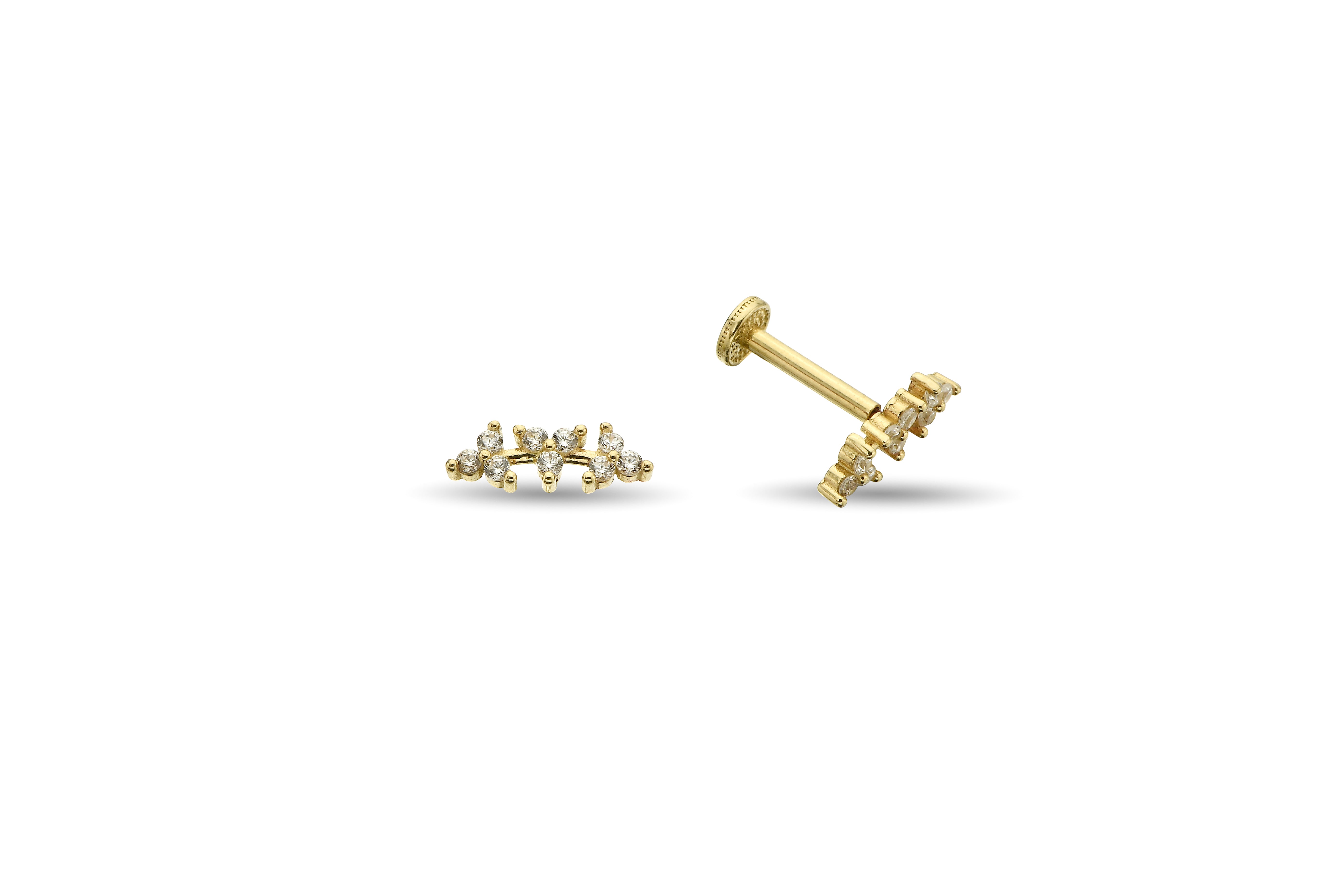 Taşlı Üç Top Altın Tragus Piercing